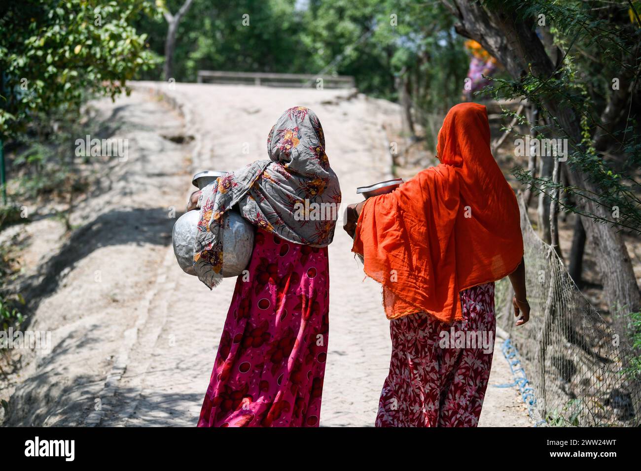 Les femmes reviennent de la collecte de l'eau potable d'une usine d'osmose inverse mise en place par une organisation non gouvernementale locale (ONG) à Shyamnagar Gabura, dans le district de Satkhira. À Gabura Union, dans le district de Shatkhira, dans le sud du Bangladesh, les habitants sont confrontés à une grave crise de l’eau potable exacerbée par le changement climatique. Les gens, y compris les femmes et les enfants, doivent parcourir quotidiennement de longues distances pour accéder à des sources d'eau salubre, ce qui augmente les risques sanitaires liés aux maladies d'origine hydrique. Les données au niveau des districts côtiers mettent en évidence des pourcentages significatifs aux prises avec des pénuries d'eau, les écologistes suggérant t Banque D'Images