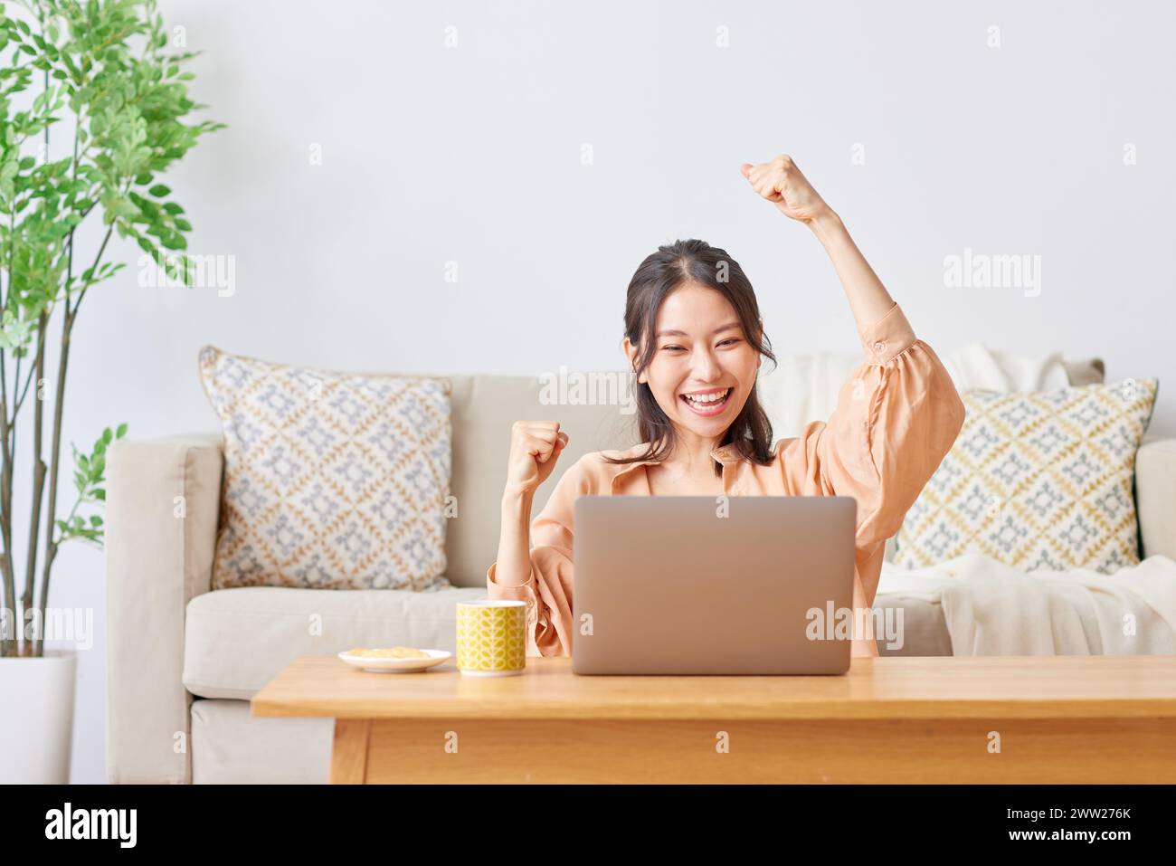 Une femme assise sur un canapé avec son ordinateur portable et levant les bras Banque D'Images