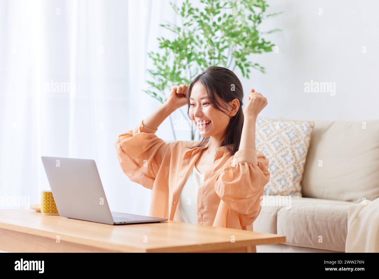 Femme asiatique assise sur le canapé avec ordinateur portable et souriant Banque D'Images