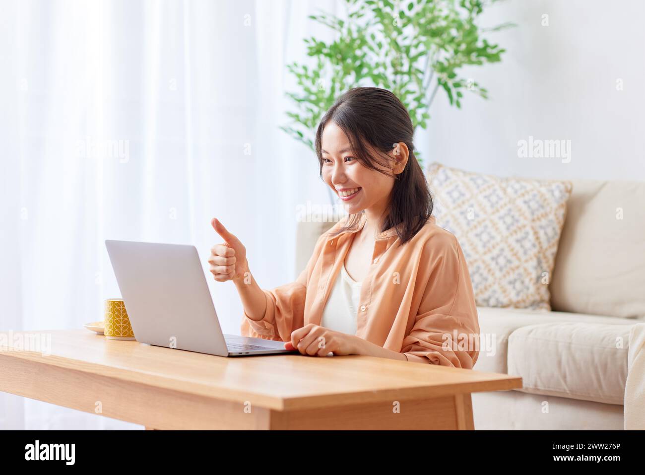 Asian woman using laptop at home Banque D'Images