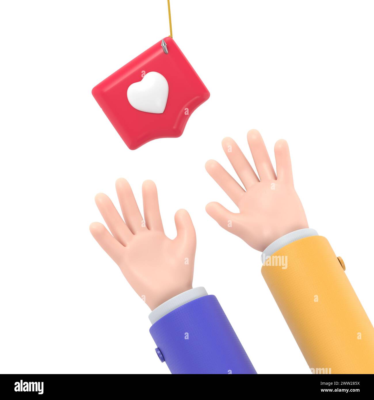 Icône de geste de dessin animé Mockup.mains atteignant une épingle avec un cœur sur un crochet. Métaphore sociale, révélant le concept de manipulation de l'opinion et du gre Banque D'Images
