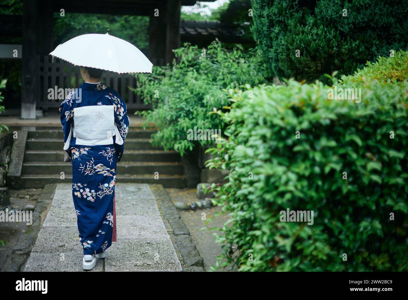 Une femme dans un kimono marchant sur un chemin avec un parapluie Banque D'Images