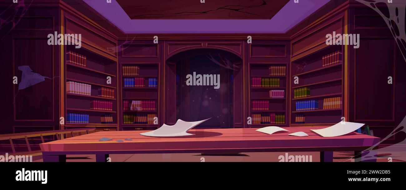 Bibliothèque d'école publique abandonnée avec des livres sur des étagères cassées et des meubles, du désordre et de la toile d'araignée. Intérieur de la vieille salle de stockage de documentation endommagé. Illustration vectorielle de dessin animé de la bibliothèque dans les archives détruites. Illustration de Vecteur