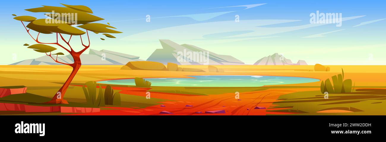 Paysage de savane africaine avec l'arbre d'acacia, l'eau dans le lac et les montagnes de pierre à l'horizon. Paysage désertique africain avec nature et route. Illustration vectorielle de dessin animé du panorama safari sauvage. Illustration de Vecteur