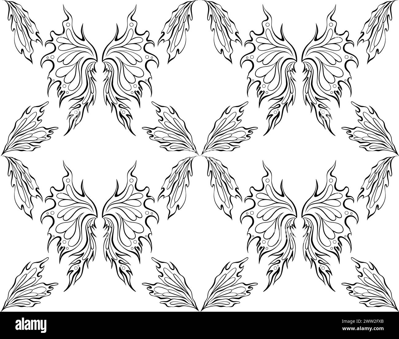 Motif monochrome vectoriel avec des ailes de fée tracées. Texture avec des ailes de fée contour noir sur un fond blanc. Conception de surface entomologique. Illustration de Vecteur