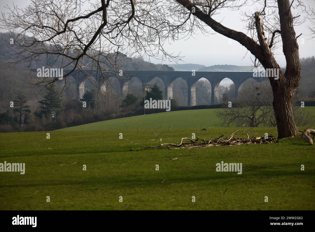 Le viaduc ferroviaire de Porthkerry à voûtes multiples enjambant une vallée sur la côte près de l'aéroport de Rhoose sur la côte galloise. Banque D'Images