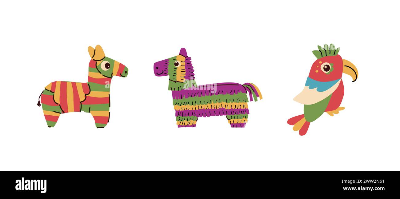 Ensemble pinata cheval mexicain et perroquet pour la fête dans un style plat. Illustration vectorielle peut être utilisée pour la carte de fête pinata d'anniversaire, fond cinco de Mayo, gr Illustration de Vecteur