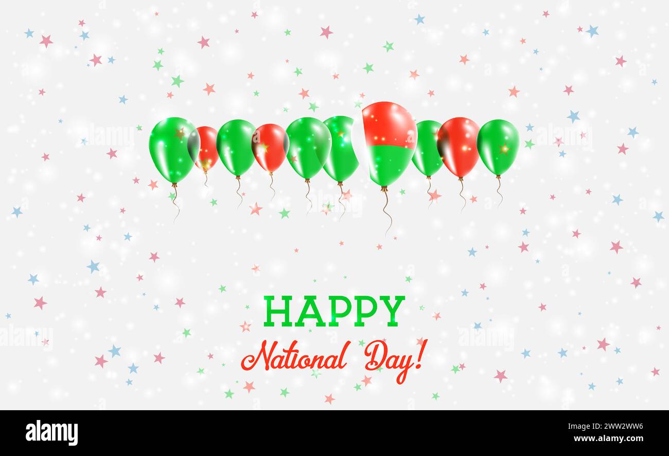 Affiche patriotique scintillante du jour de l'indépendance de Madagascar. Rangée de ballons aux couleurs du drapeau malgache. Carte de voeux avec drapeaux nationaux, confettis an Illustration de Vecteur