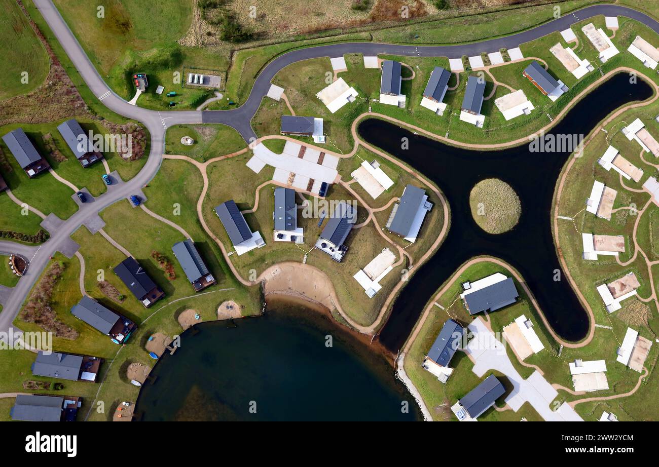 Plan aérien du site de caravanes du Delamere Lake Sailing & Holiday Park, Northwich, Cheshire Banque D'Images
