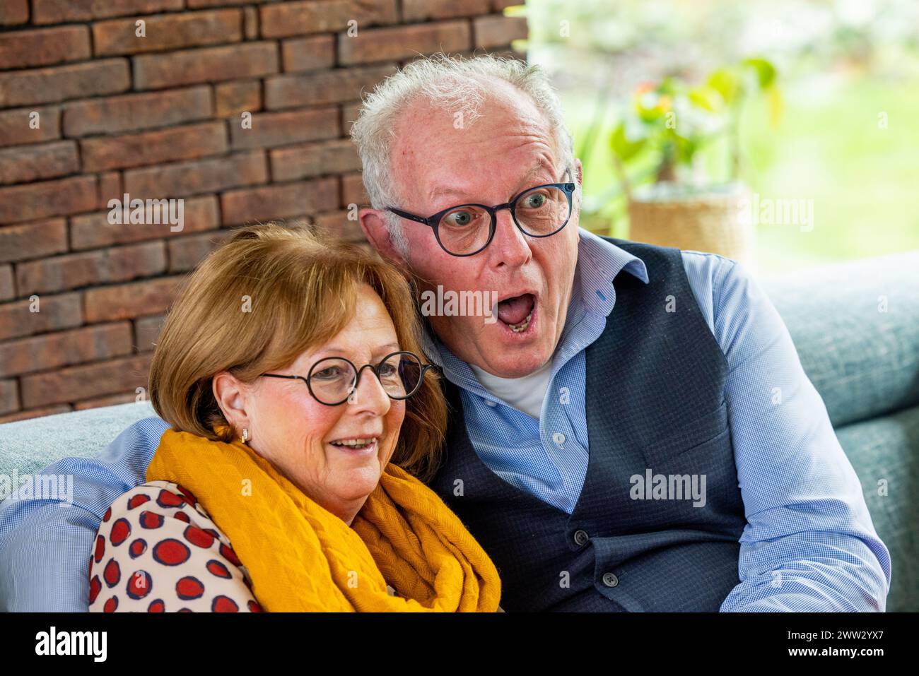 Un couple senior partage un moment joyeux, l'homme exprimant sa surprise tandis que la femme sourit chaleureusement. Ils sont confortablement installés dans un cadre familial, avec un mur de briques en arrière-plan ajoutant texture et caractère à la scène. Couple senior joyeux avec expression surprise dans Cozy Home. Photo de haute qualité Banque D'Images