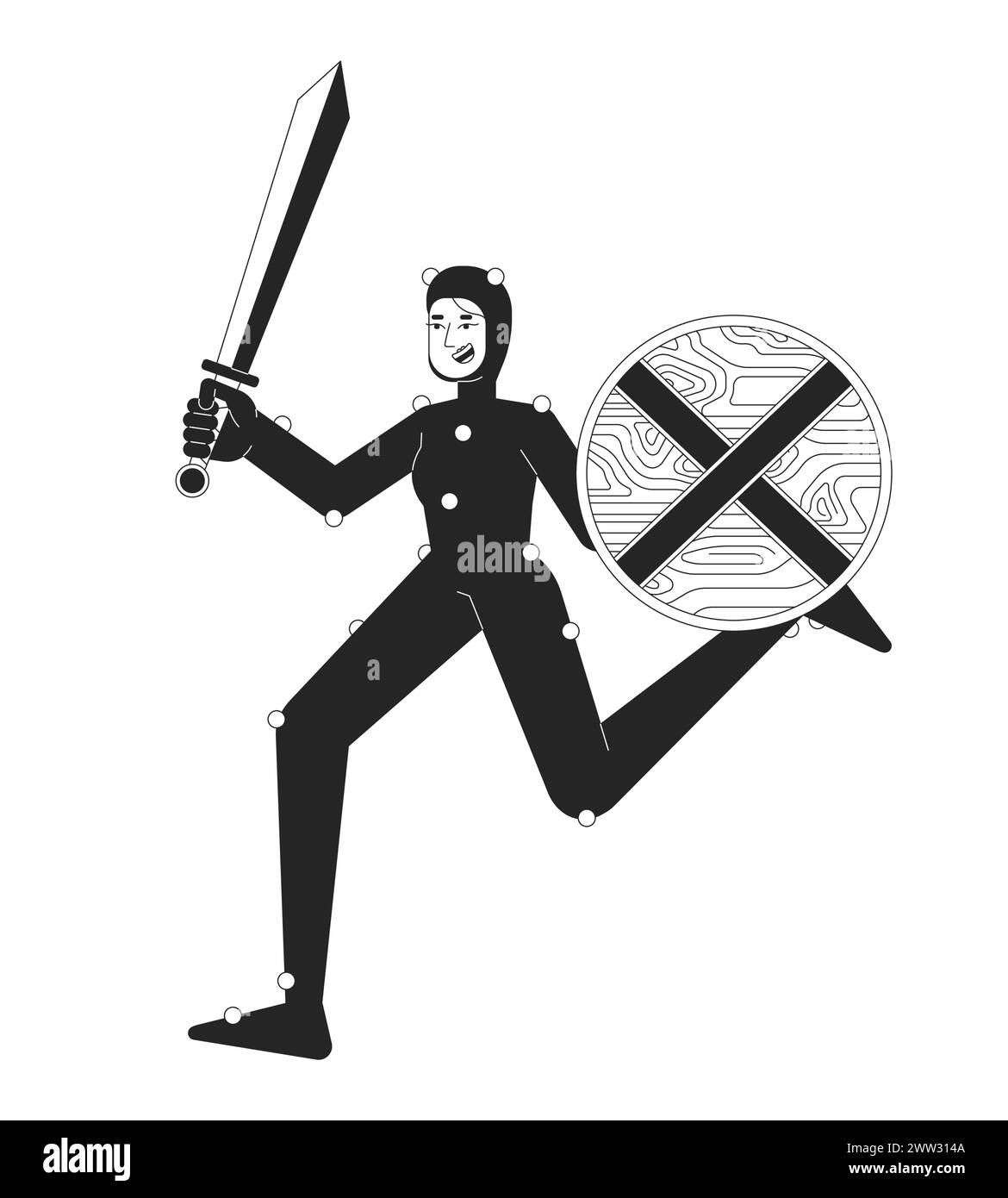 Guerrière actrice en costume de Mo-cap noir et blanc 2D ligne personnage de dessin animé Illustration de Vecteur