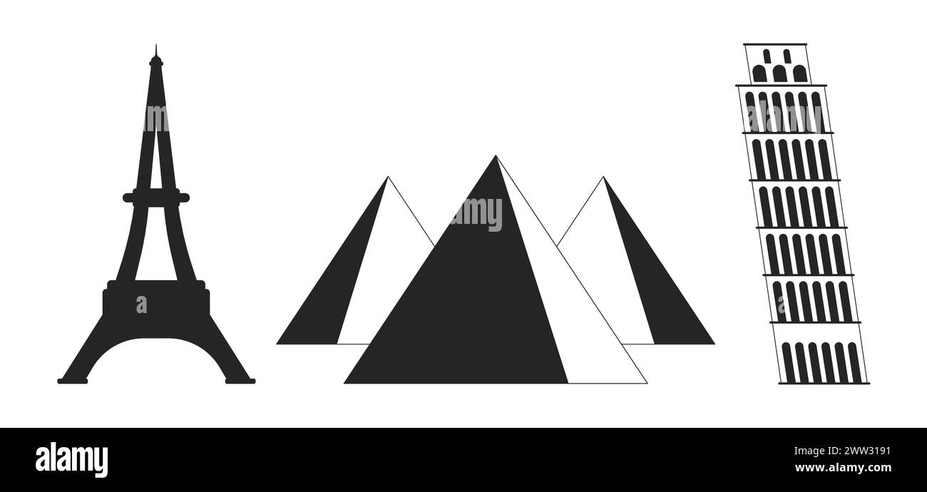 Attractions touristiques ensemble d'objets de dessin animé en ligne 2D noir et blanc Illustration de Vecteur