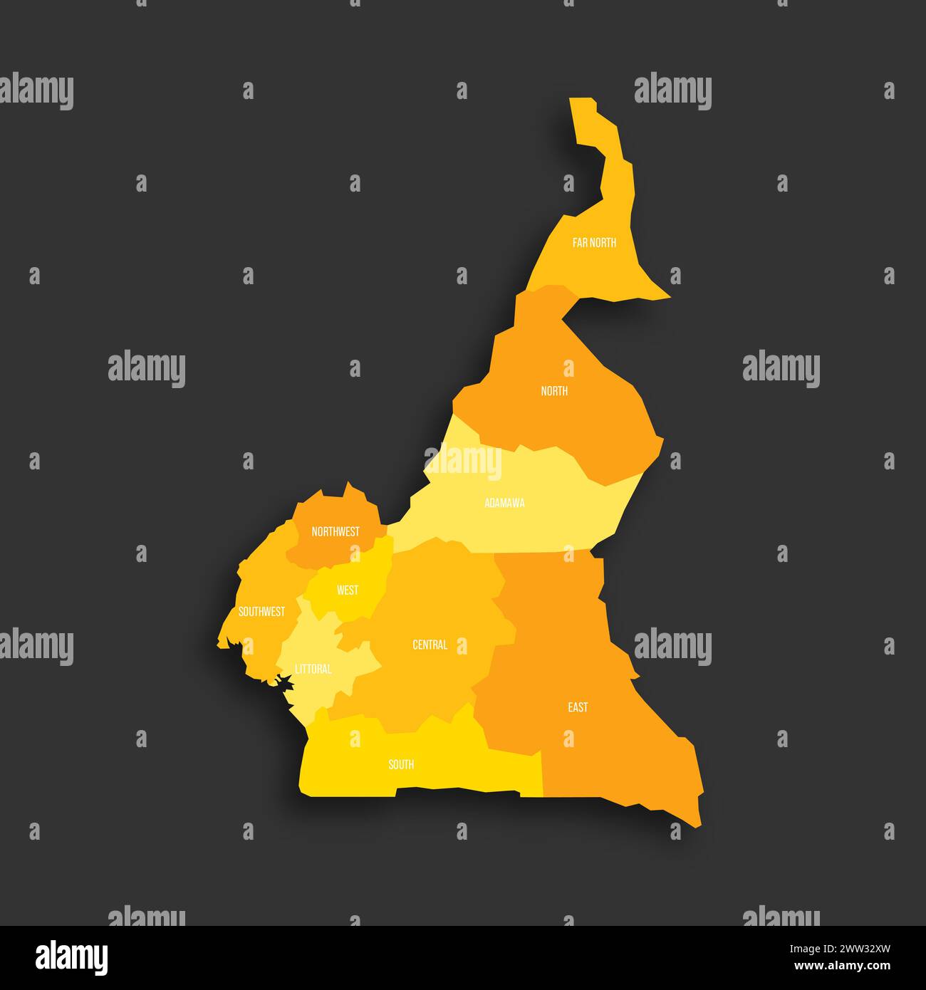 Cameroun carte politique des divisions administratives - régions. Carte vectorielle plate d'ombre jaune avec étiquettes de nom et ombre déposée isolée sur fond gris foncé. Illustration de Vecteur