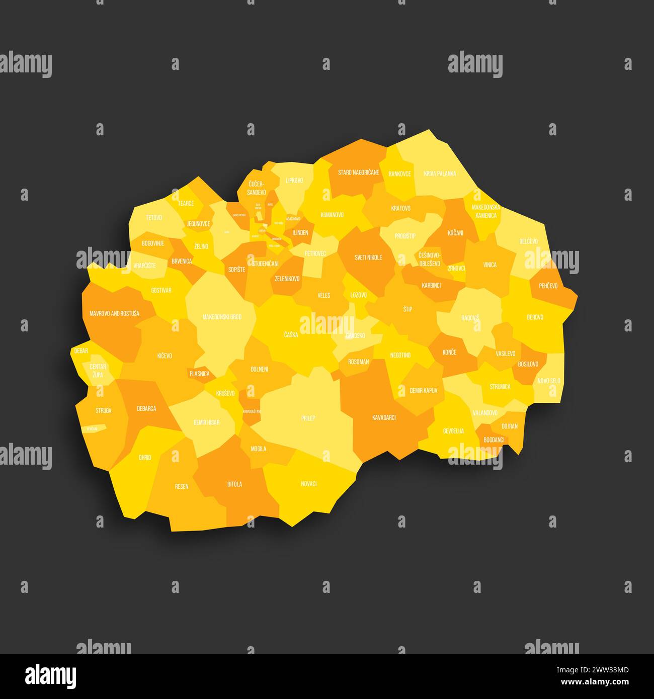 Macédoine du Nord carte politique des divisions administratives - municipalités. Carte vectorielle plate d'ombre jaune avec étiquettes de nom et ombre déposée isolée sur fond gris foncé. Illustration de Vecteur