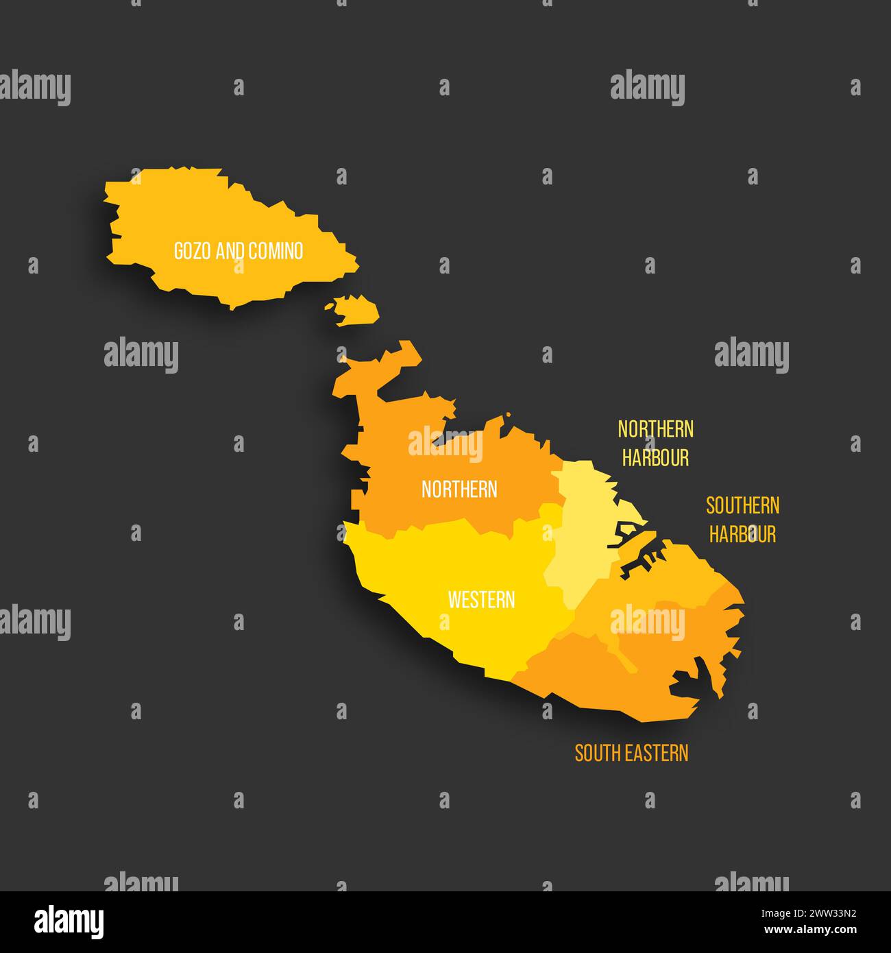 Malte carte politique des divisions administratives - régions. Carte vectorielle plate d'ombre jaune avec étiquettes de nom et ombre déposée isolée sur fond gris foncé. Illustration de Vecteur