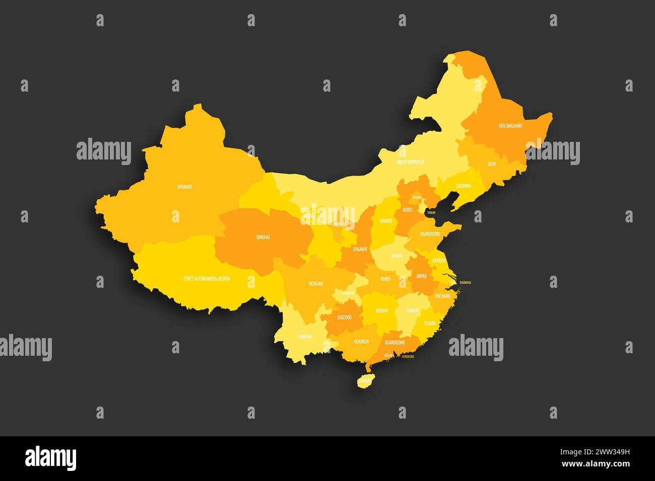 Chine carte politique des divisions administratives - provinces, régions autonomes et municipalités. Carte vectorielle plate d'ombre jaune avec étiquettes de nom et ombre déposée isolée sur fond gris foncé. Illustration de Vecteur