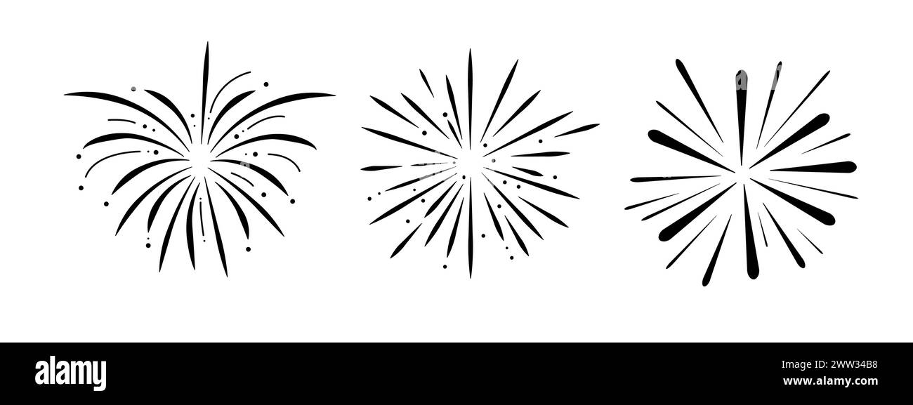 Set feux d'artifice Doodle ligne d'explosion radiale étincelant avec des rayons, pétards dessinés à la main décoration simple et ronde isolée sur fond blanc. Illustration vectorielle Illustration de Vecteur