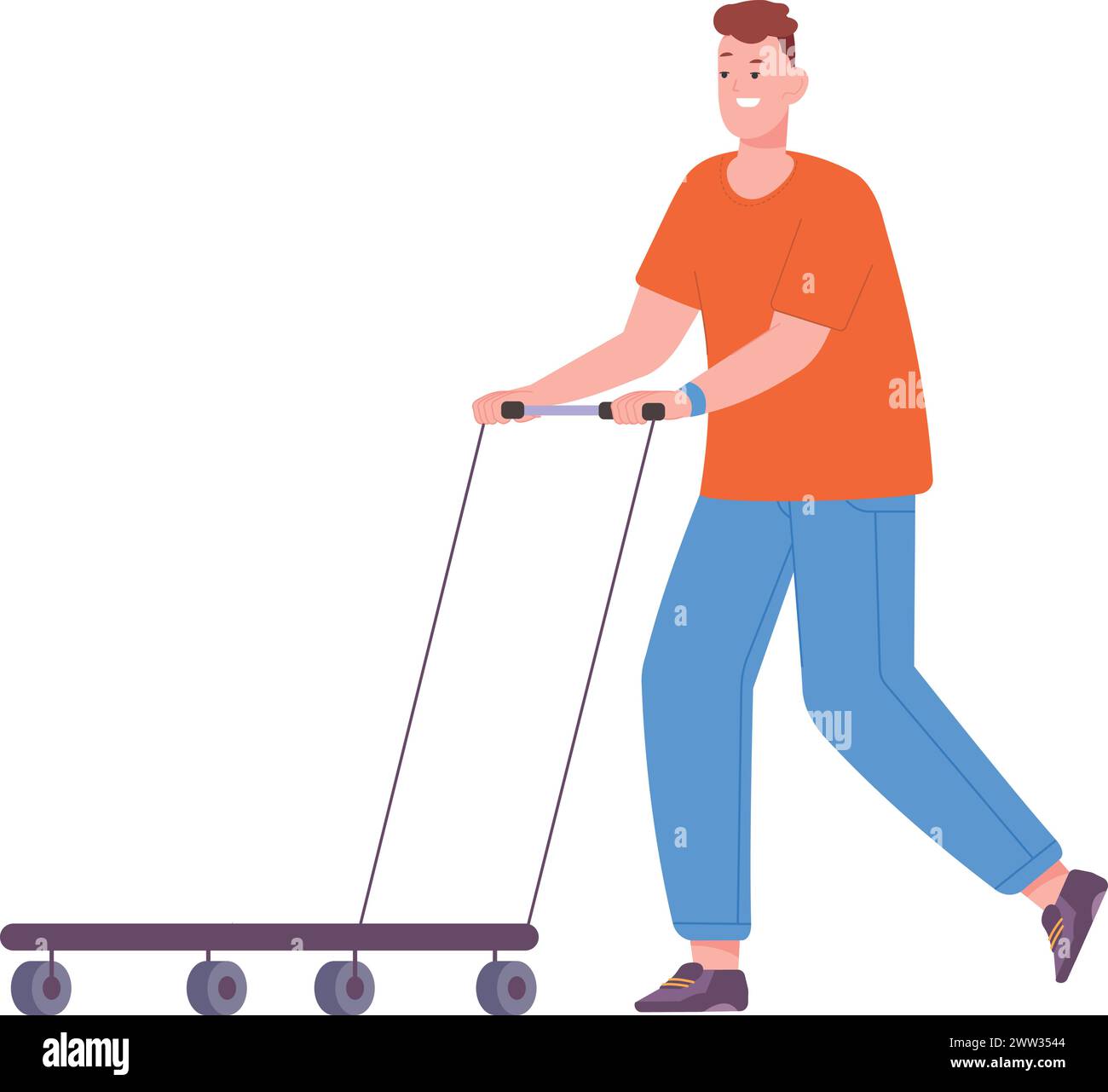 Un gars poussant un chariot vide. Personne joyeuse shopping isolé sur fond blanc Illustration de Vecteur