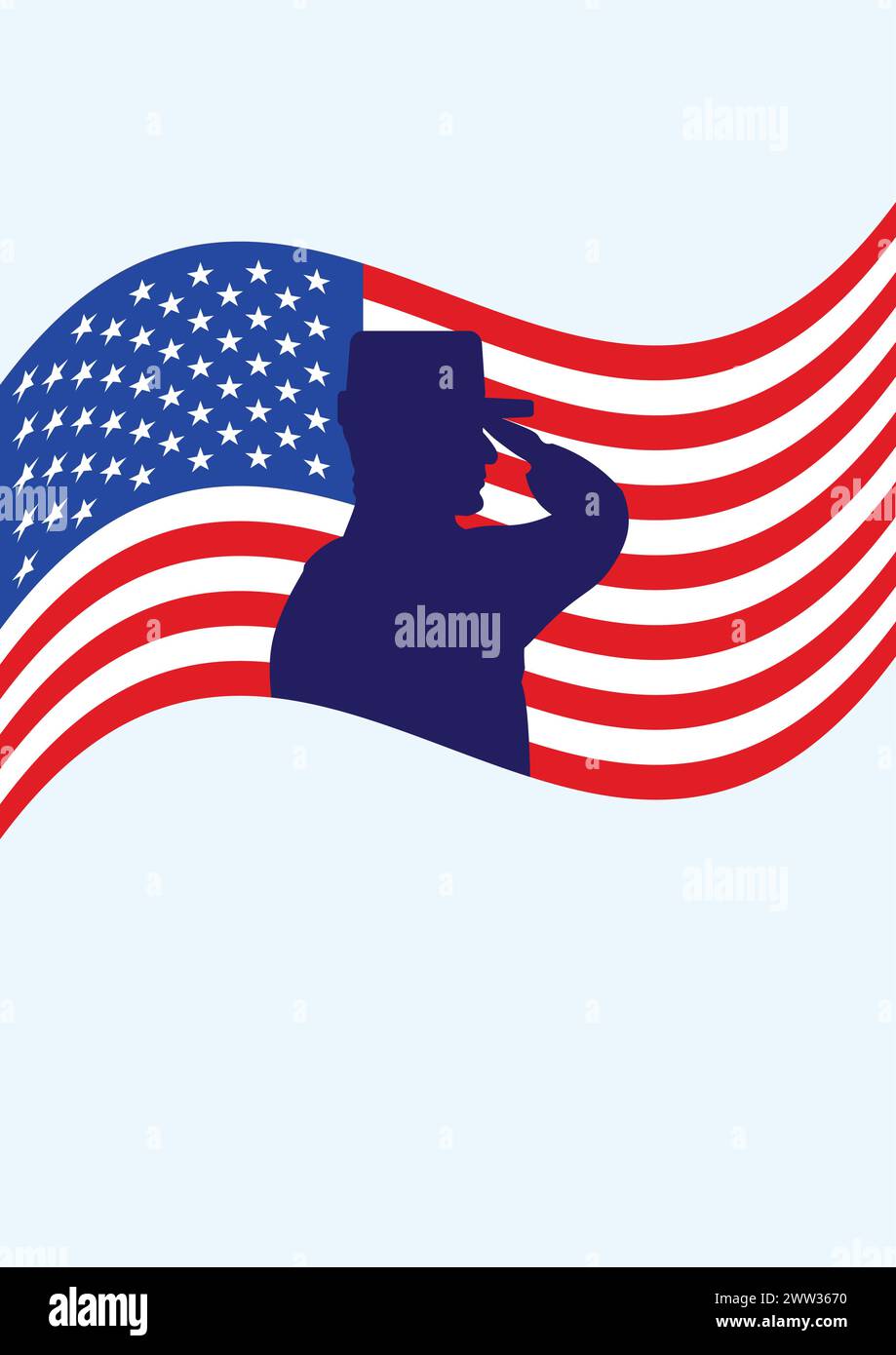 Silhouette de l'homme militaire vue de côté donnant le salut militaire à la parade dédiée à la Journée des vétérans. Contour du soldat en uniforme. Affiche de fête a Illustration de Vecteur