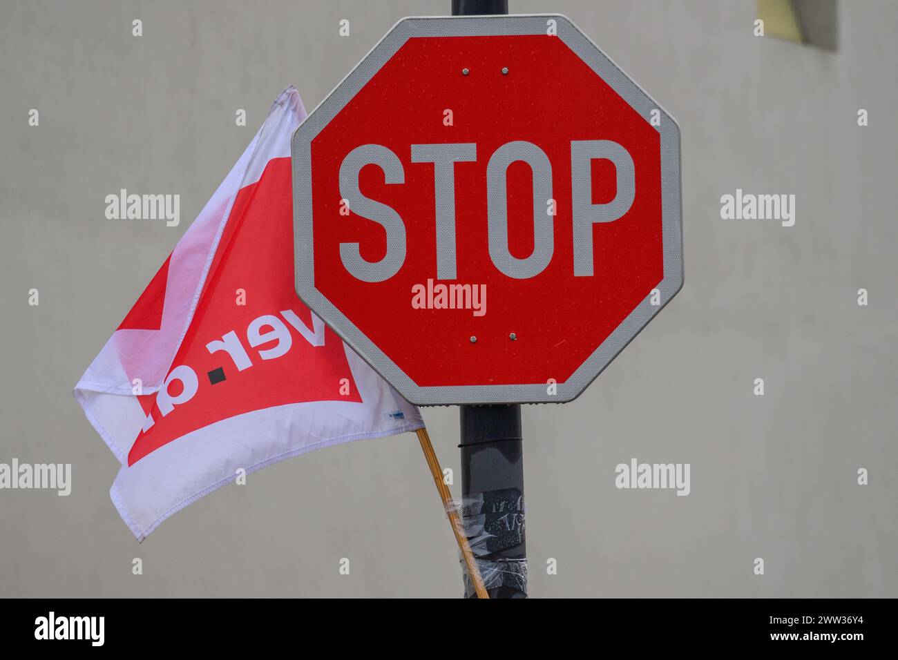 Magdebourg, Allemagne. 21 mars 2024. Un drapeau Verdi union est suspendu à un panneau d'arrêt à l'entrée d'un dépôt MVB. Les négociations entre le syndicat Verdi et l'association des employeurs municipaux ont échoué au troisième tour. Verdi a donc appelé les employés des entreprises de transport locales à arrêter le travail du jeudi au dimanche. Crédit : Klaus-Dietmar Gabbert/dpa/Alamy Live News Banque D'Images