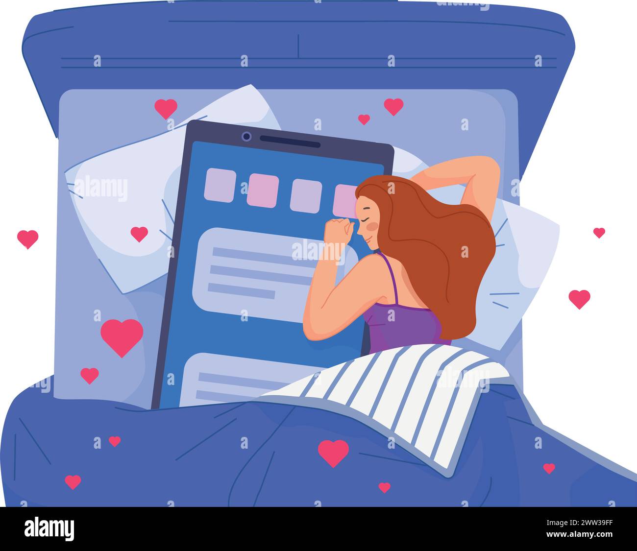 Femme dormant dans le lit avec smartphone. Dépendance aux médias sociaux isolé sur fond blanc Illustration de Vecteur
