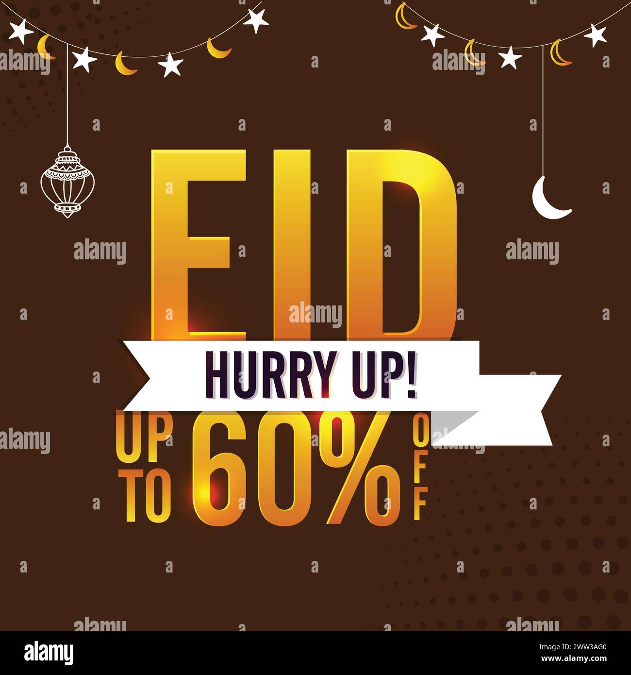 Offre spéciale EID. Conception de texte Golden Eid sur fond décoré de lune et d'étoiles. Jusqu'à 60 % de réduction. Affiche, bannière ou circulaire de vente créative et de réduction. Illustration de Vecteur