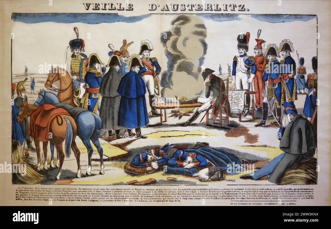 Bataille d'Austerlitz ou bataille des trois empereurs. Décembre 1805. Napoléon le soir avant Auterlitz. Gravure de F. Georgin, XIXe siècle. Banque D'Images
