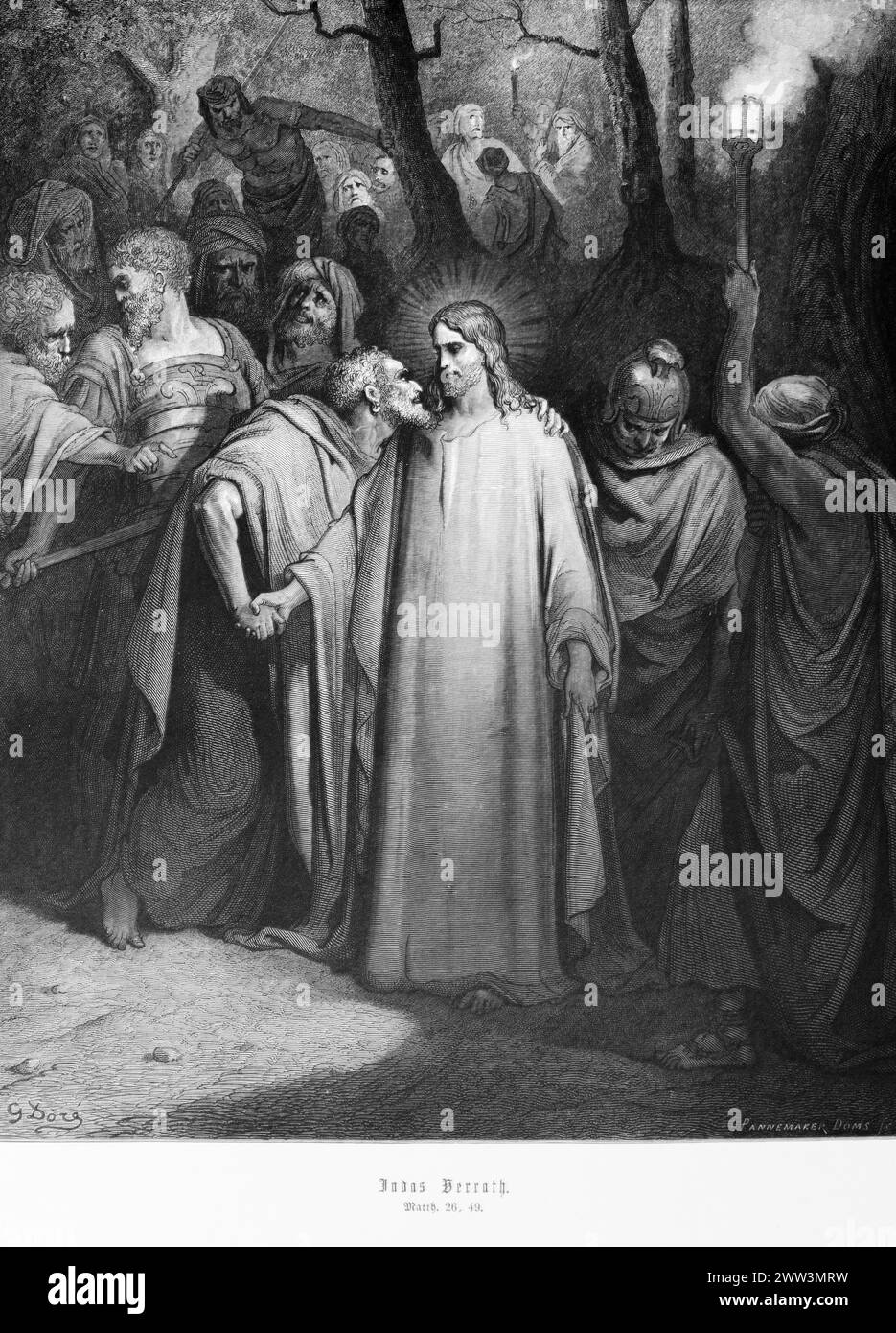 Judas trahissant Jésus, Evangile de Matthieu, chapitre 26, halo, traître, disciple, bâtons, torche, baiser, Nouveau Testament, Bible, illustration historique 1886 Banque D'Images