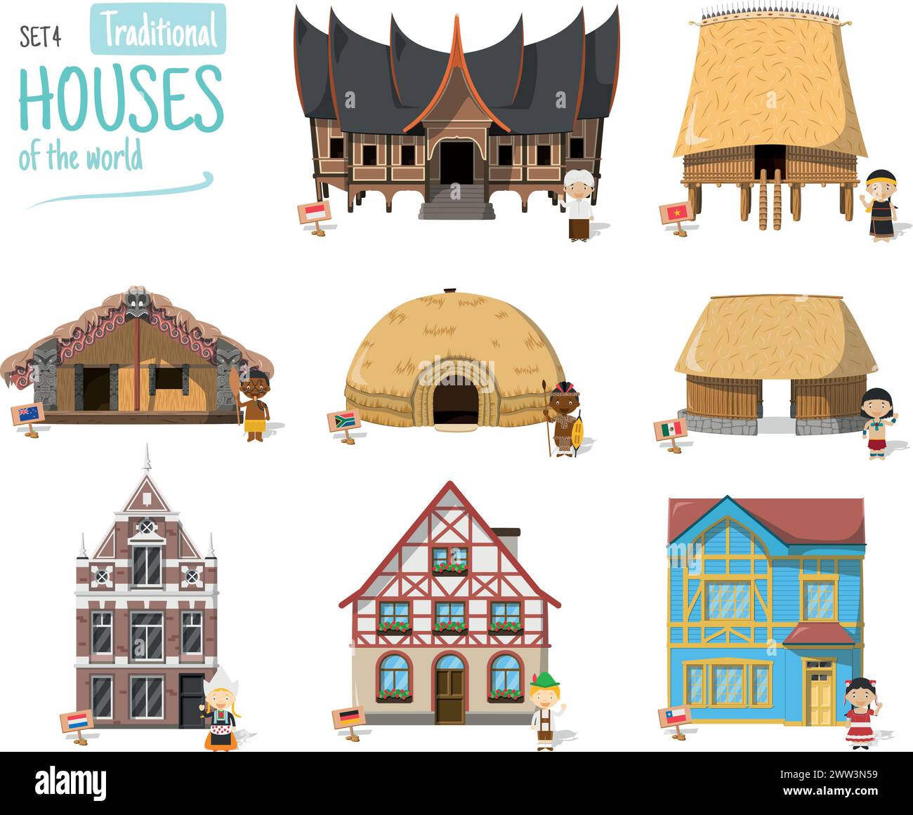 Ensemble d'illustration vectorielle 4 de maisons traditionnelles du monde dans le style de bande dessinée isolé sur fond blanc Illustration de Vecteur