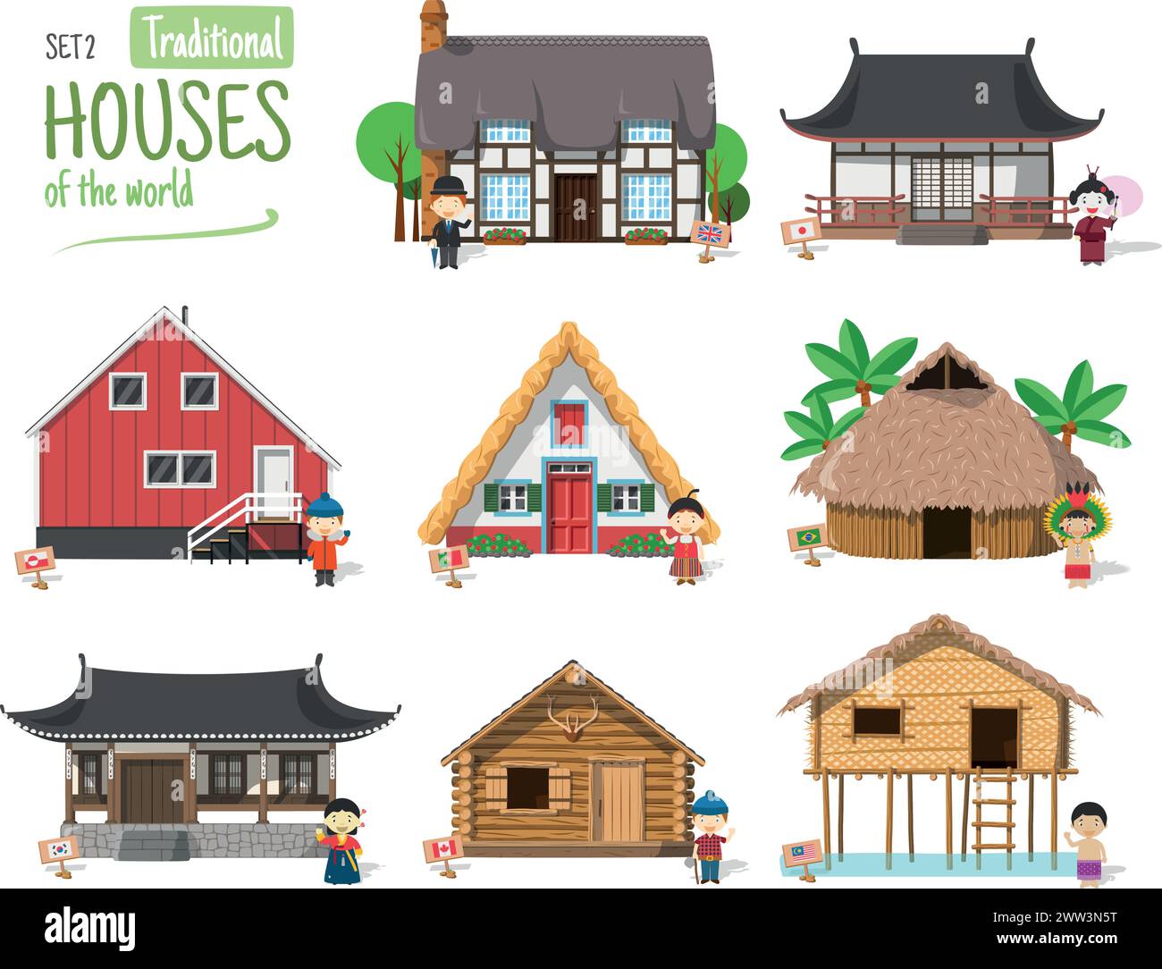 Ensemble d'illustration vectorielle 2 de maisons traditionnelles du monde dans le style de bande dessinée isolé sur fond blanc Illustration de Vecteur