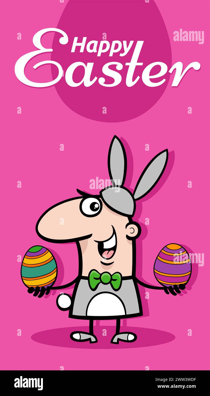 Illustration de dessin animé de l'homme drôle en costume de lapin avec la conception de carte de voeux d'oeufs de Pâques Illustration de Vecteur