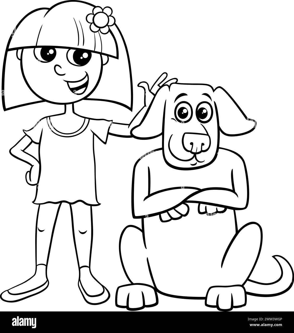 Illustration de dessin animé de l'adolescente avec la page de coloriage de personnage de chien Illustration de Vecteur