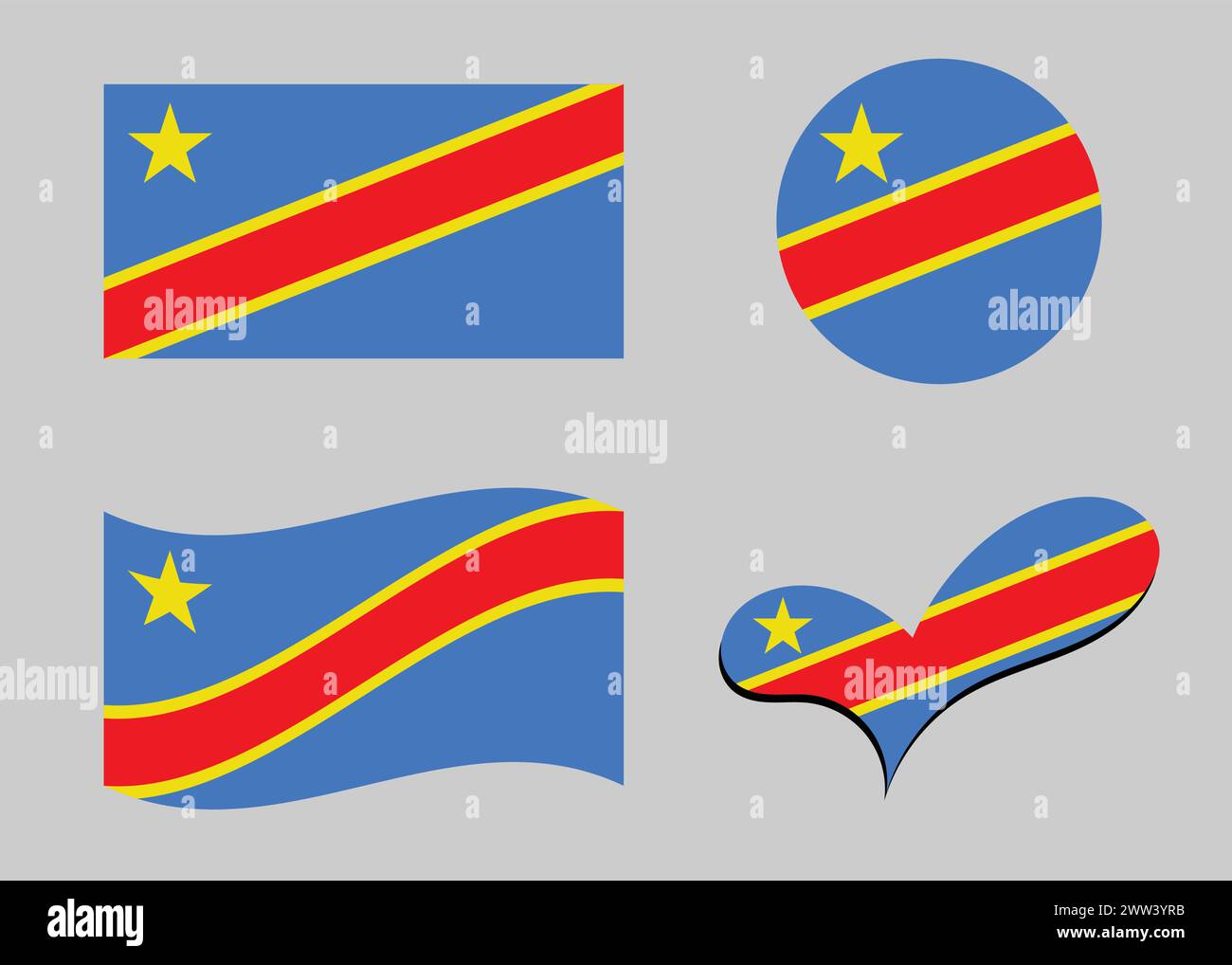Drapeau du Congo. Drapeau du Congo en forme de coeur. Drapeau Congo en forme de cercle. Variations de drapeau de pays. Illustration de Vecteur