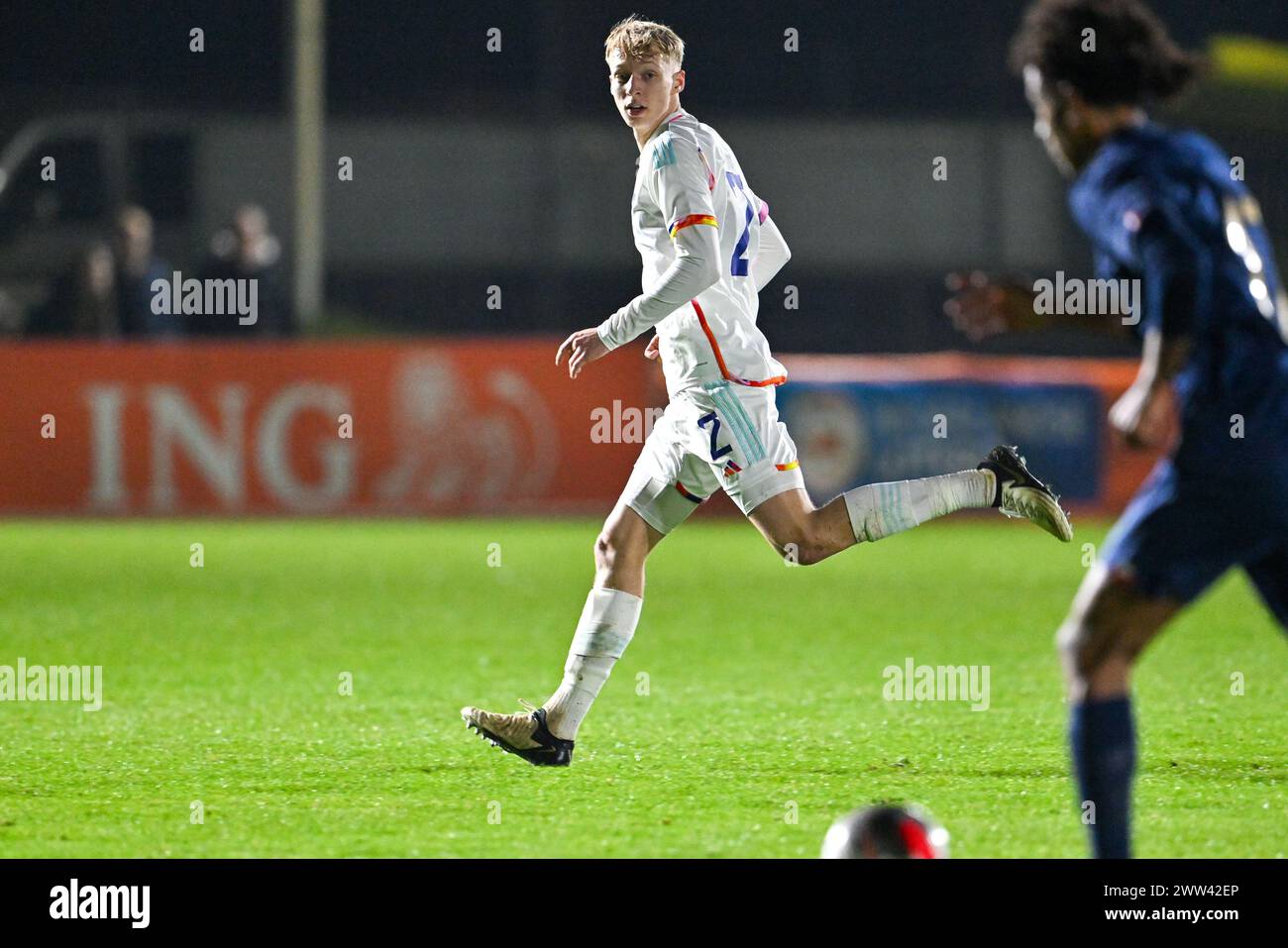 Kobe Corbanie (2) de Belgique photographié lors d'un match de football entre les équipes nationales de France et de Belgique des moins de 19 ans le jour 1 dans le groupe 2 de la manche élite des moins de 19 ans de l'UEFA le jeudi 20 mars 2024 à Assen , pays-Bas . PHOTO SPORTPIX | David Catry Banque D'Images