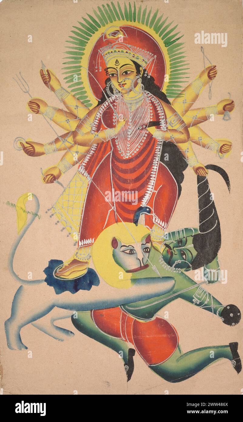 Vintage Hindu Art. Durga tuant le démon Mahisha, c. 1890. Inde orientale, Bengale, Kolkata, Kalighat. Banque D'Images