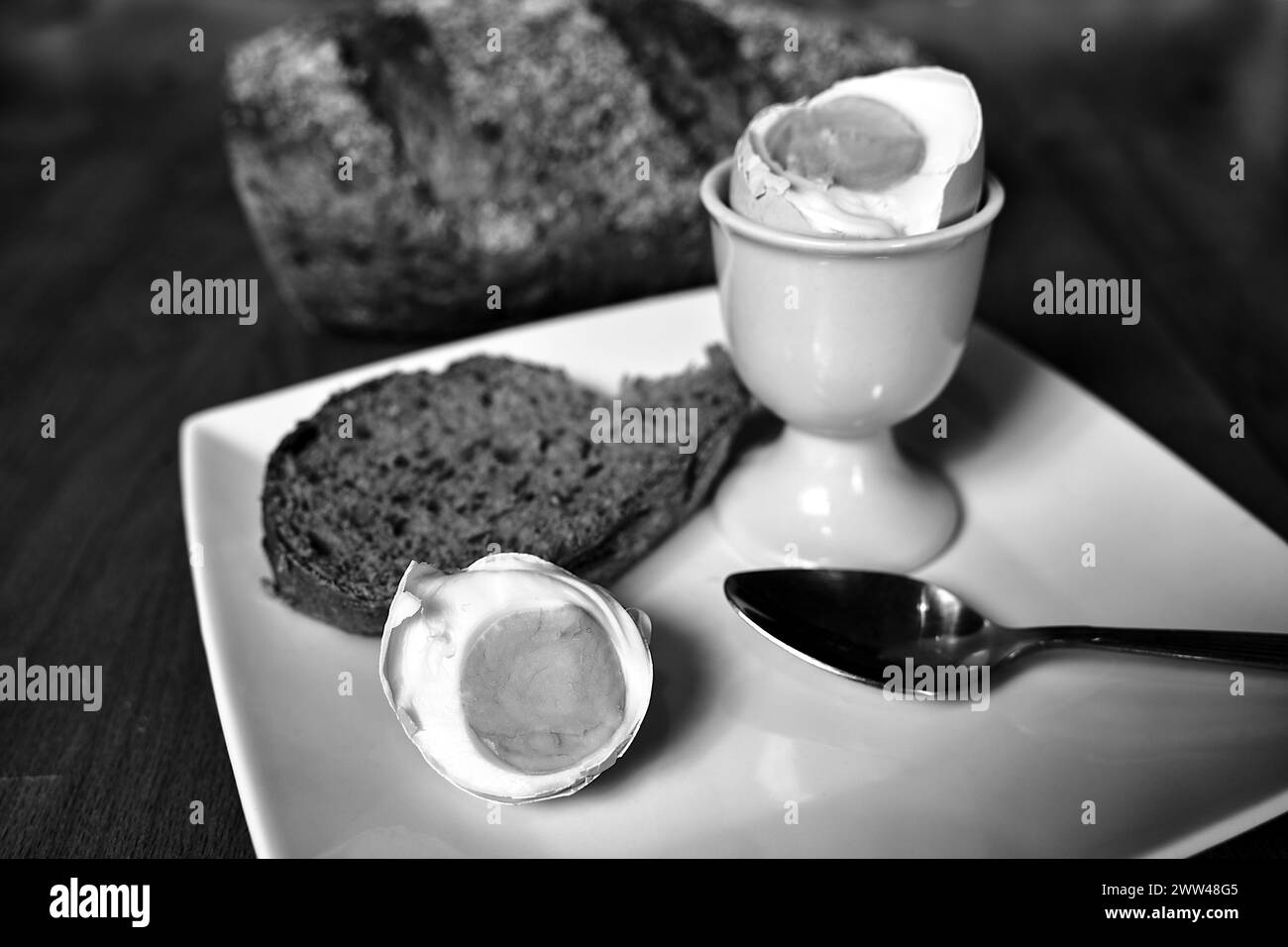Un œuf dur, un morceau de pain et une cuillère en métal sur une assiette en Pologne, monochrome Banque D'Images