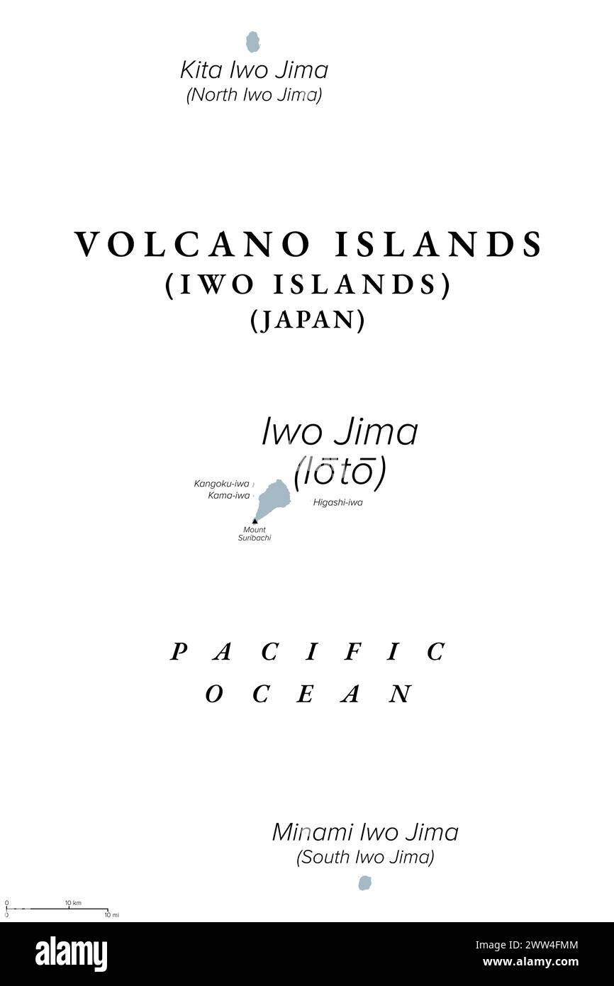 Volcano Islands, ou aussi Iwo Islands, carte politique grise. Trois îles volcaniques du Japon, situées dans l'océan Pacifique, et une partie des îles Nanpo. Banque D'Images