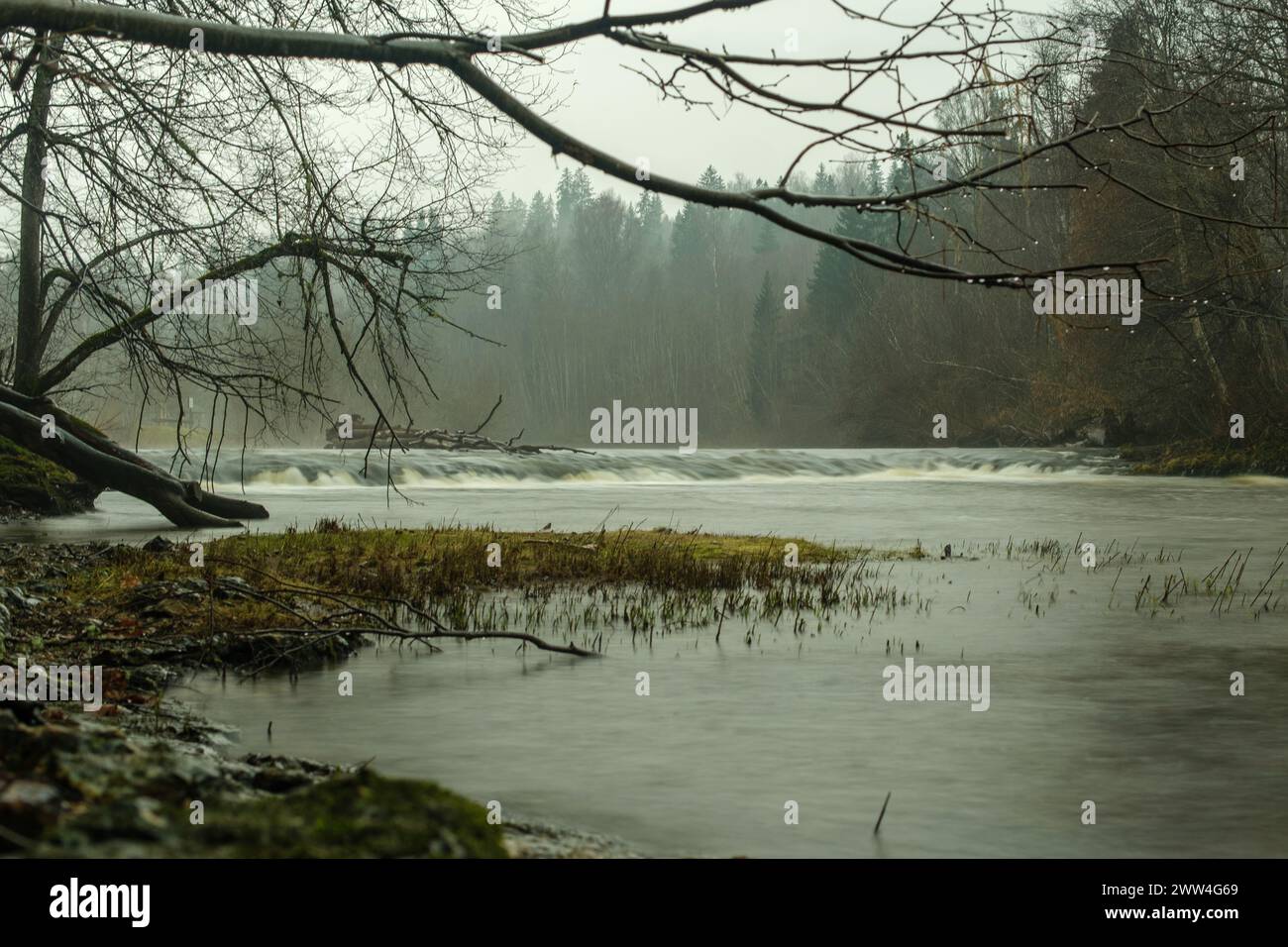 Dans l’étreinte douce d’une longue exposition, ABAVA Waterfall révèle sa danse envoûtante, une symphonie de mouvement figée dans le temps. Paysage serein de Lettonie Banque D'Images