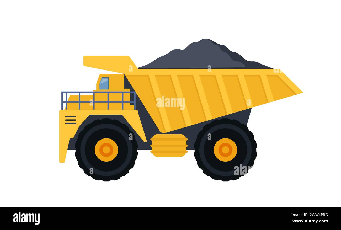 Gros camion à benne basculante. EQUIPEMENT pour l'industrie minière. Vue latérale. Procédé d'extraction de charbon et transport. Illustration vectorielle Illustration de Vecteur