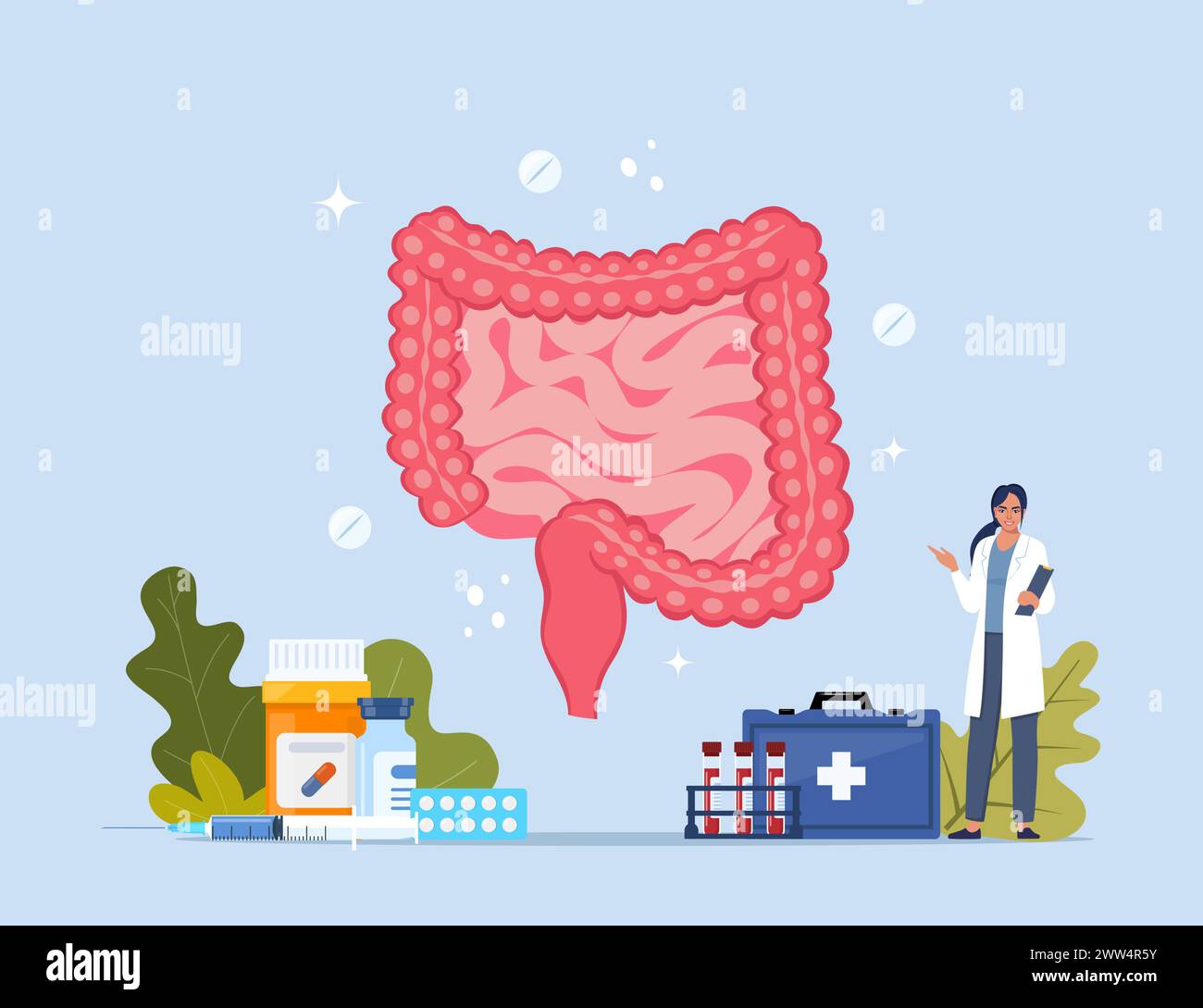 Intestin humain. Traitement des maladies des organes internes. Concept de conception moderne avec caractère minuscule de médecin, médicaments médicaux, équipement, analyse. Vectoriel illustré Illustration de Vecteur