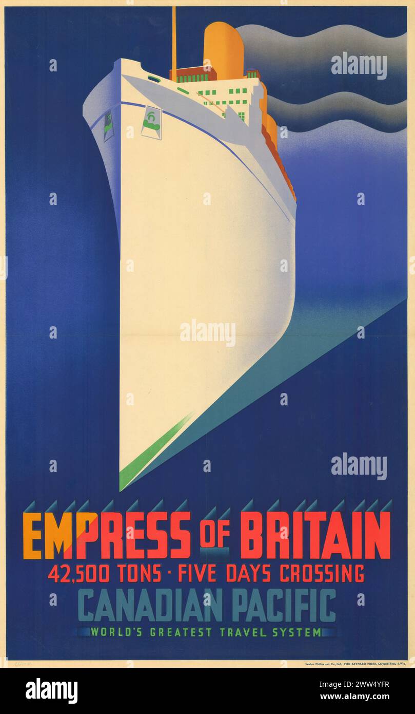 Vintage 1930's affiche RMS Empress of Britain Canadian Pacific 42 500 tonnes traversée de 5 jours des mondes Greatest Travel System Ocean Liner Steamship Banque D'Images