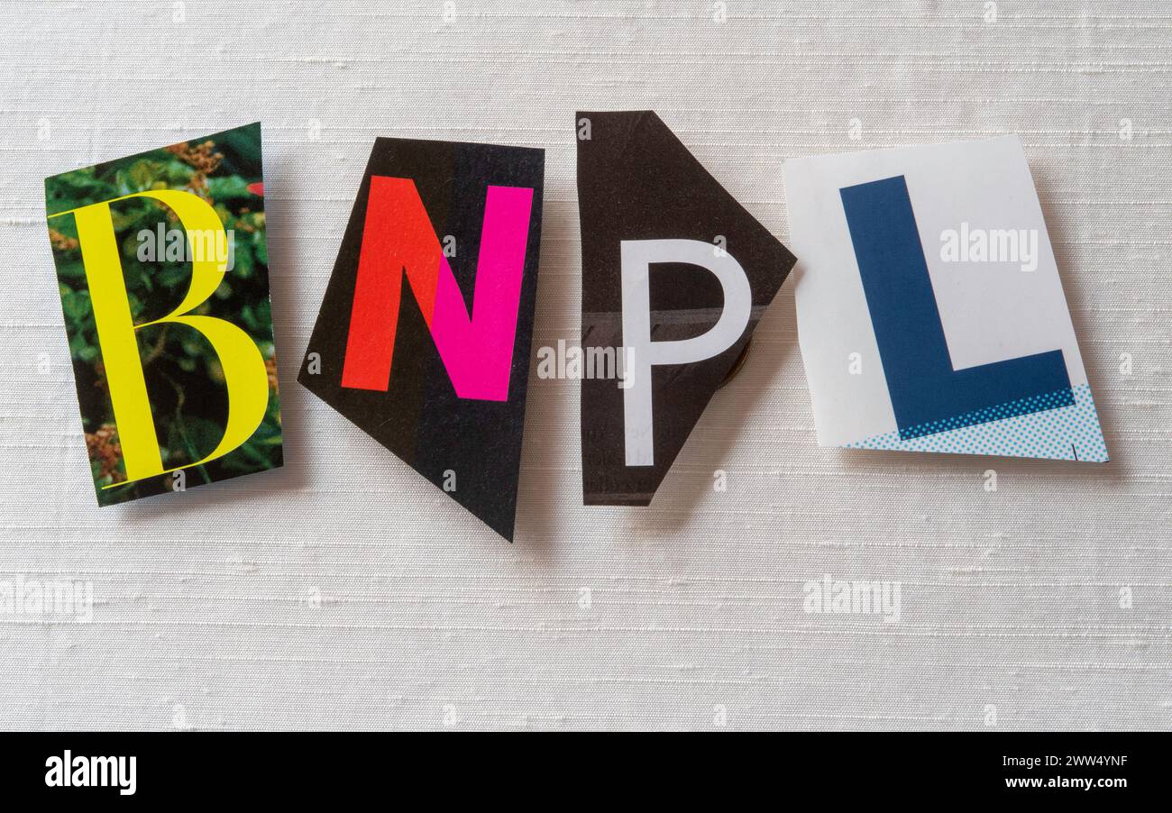 L'acronyme 'BNPL' argot utilisant des lettres de papier découpées dans la typographie d'effet de note de rançon, États-Unis Banque D'Images
