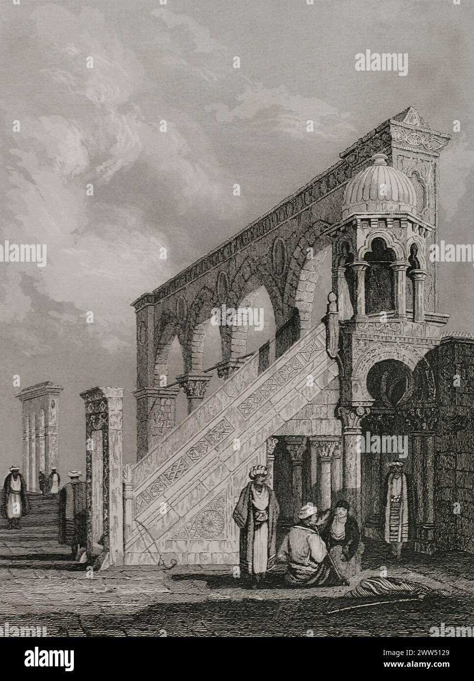 Jérusalem. Chaire sur la plate-forme de la mosquée d'Omar. Gravure par Emile Rouargue. 'La Tierra Santa y los lugares recorridos por los profetas, por los apóstoles y por los cruzados' (Terre Sainte et lieux traversés par les prophètes, les apôtres et les croisés). Publié à Barcelone par l'imprimerie Joaquin Verdaguer, 1840. Banque D'Images