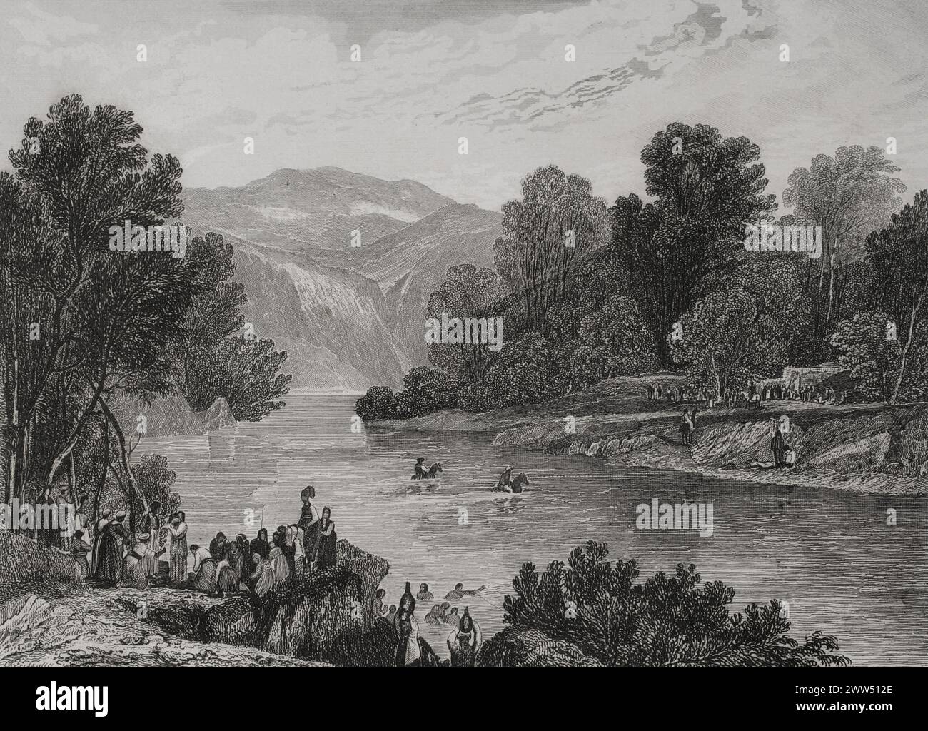 Rives du Jourdain. Gravure par Aubert. 'La Tierra Santa y los lugares recorridos por los profetas, por los apóstoles y por los cruzados' (Terre Sainte et lieux traversés par les prophètes, les apôtres et les croisés). Publié à Barcelone par l'imprimerie Joaquin Verdaguer, 1840. Banque D'Images