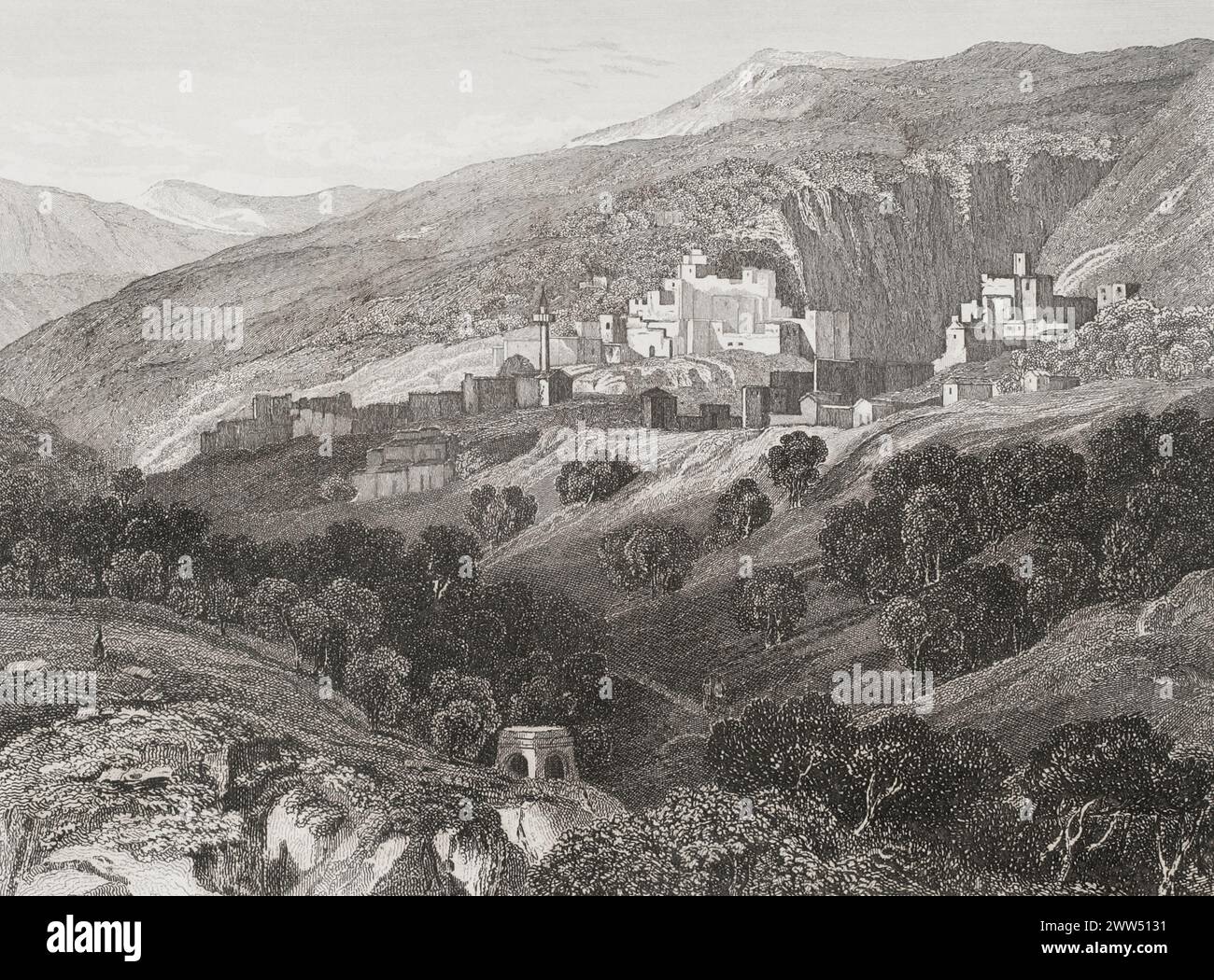 Nazareth. Vue générale de la ville. Gravure par Aubert. 'La Tierra Santa y los lugares recorridos por los profetas, por los apóstoles y por los cruzados' (Terre Sainte et lieux traversés par les prophètes, les apôtres et les croisés). Publié à Barcelone par l'imprimerie Joaquin Verdaguer, 1840. Banque D'Images