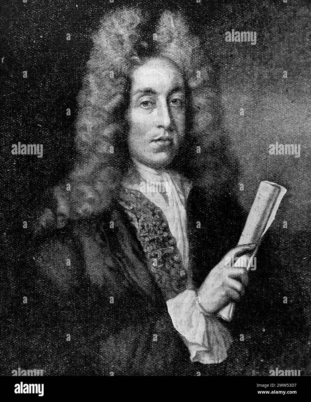 Portrait de Henry Purcell, pionnier de l'opéra anglais, d'après une peinture non attribuée. Noir et blanc. Photographie tirée d'un magazine initialement publié en 1898. Banque D'Images