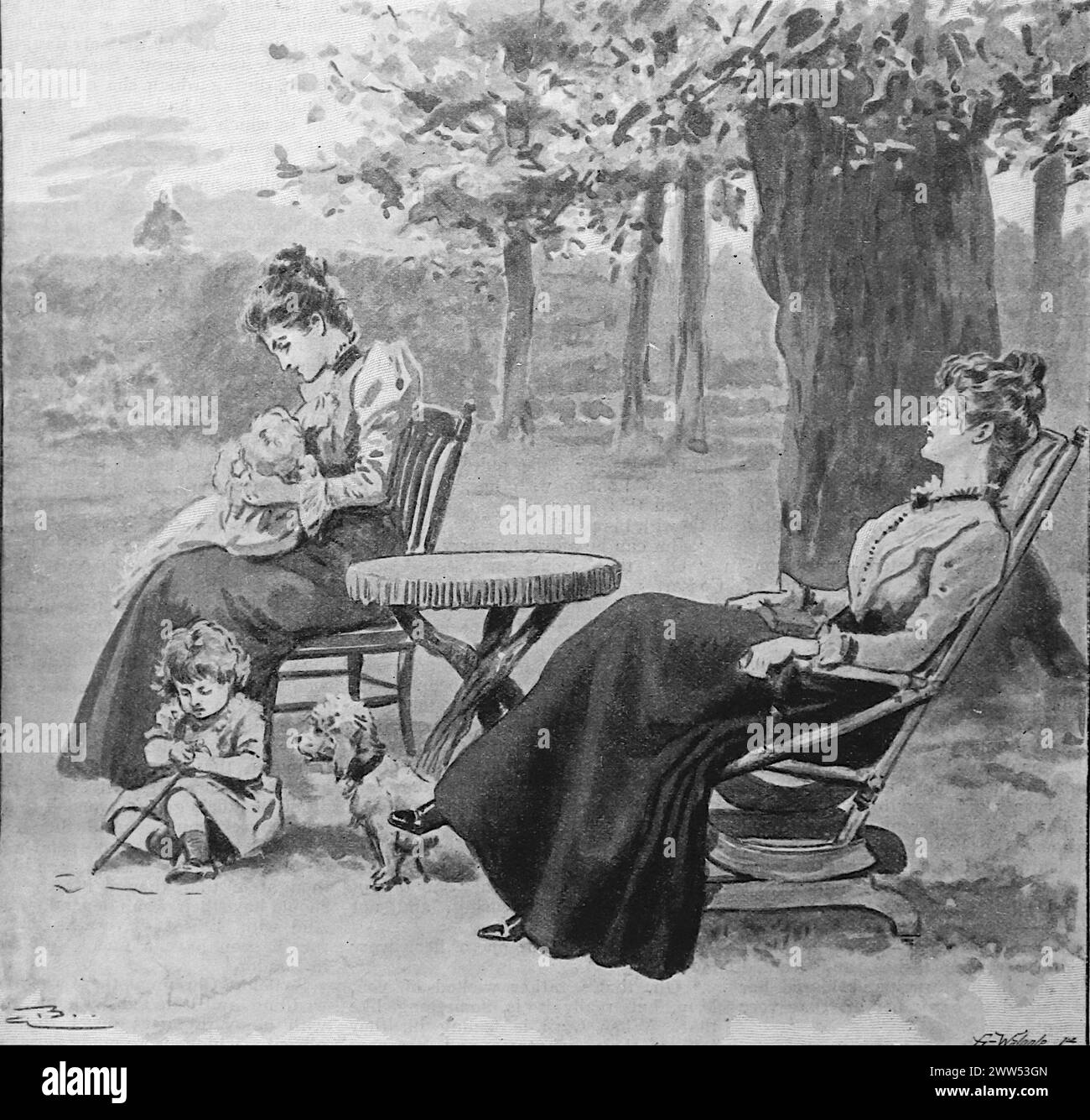 Une belle journée vers la fin du mois de juin, deux dames se relaxant sous un arbre avec des enfants et un chien, par C.B. (C. Buchner). Noir et blanc. Photographie tirée d'un magazine initialement publié en 1899. Banque D'Images