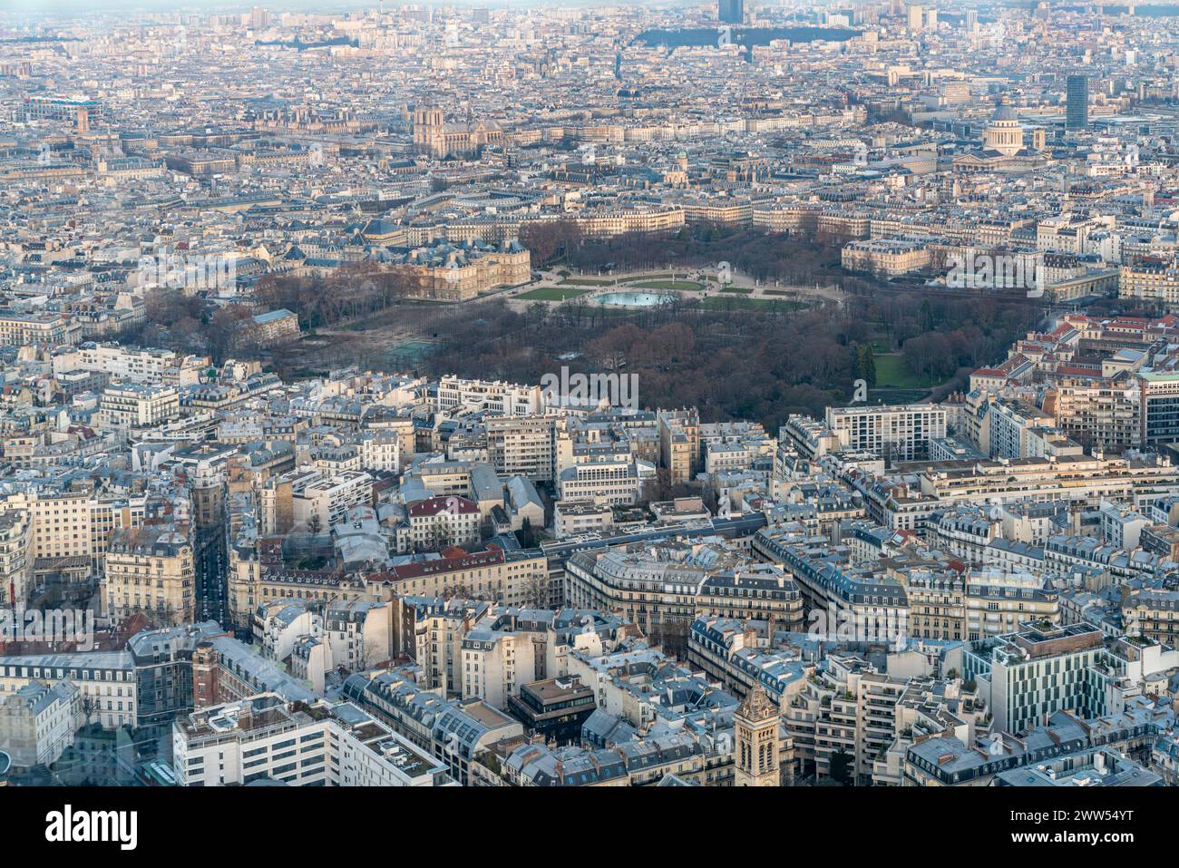 Les jardins du Luxembourg se démarquent dans le paysage urbain parisien à l'approche de la soirée. Banque D'Images