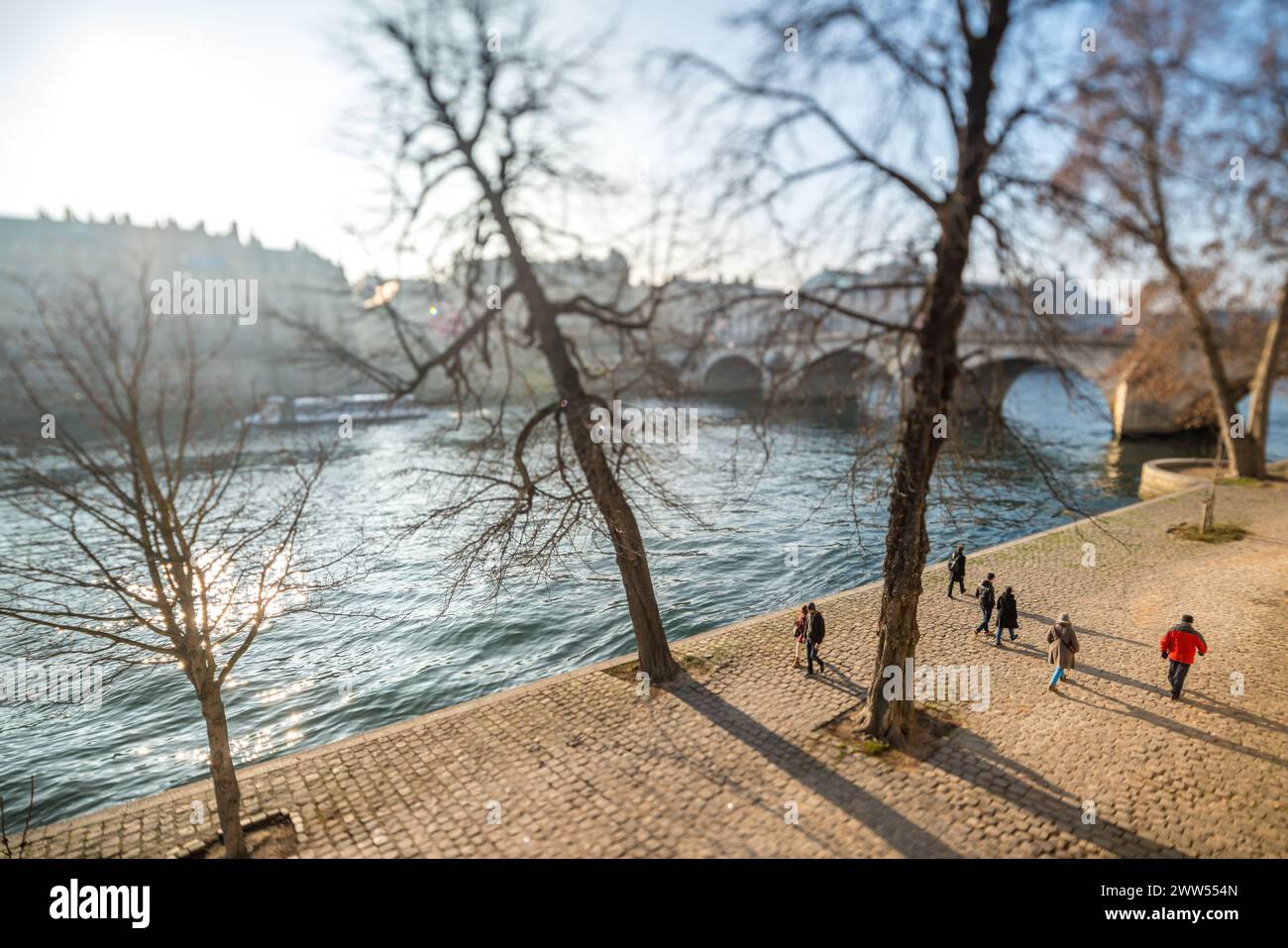 Piétons marchant le long des berges de la Seine par une journée d'hiver ensoleillée, avec une mise au point douce due à un objectif inclinable. Banque D'Images