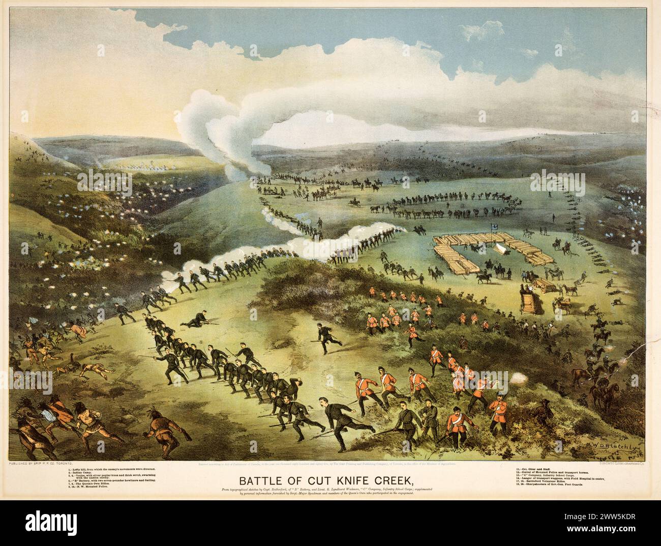 Lithographie d'histoire canadienne vintage. Bataille de Cut Knife Creek. Publié par Grip Printing Co Toronto., 1885. La bataille de Cut Knife, qui a eu lieu le 2 mai 1885, a eu lieu lorsqu'une colonne volante de la police montée, de la milice et des unités de l'armée régulière de l'armée canadienne a attaqué une colonie de tipis Cris et Assiniboine près de Battleford, en Saskatchewan. Banque D'Images